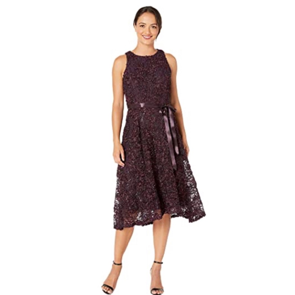 Tahari Plum Lace Midi Dress with Satin Waist Tie